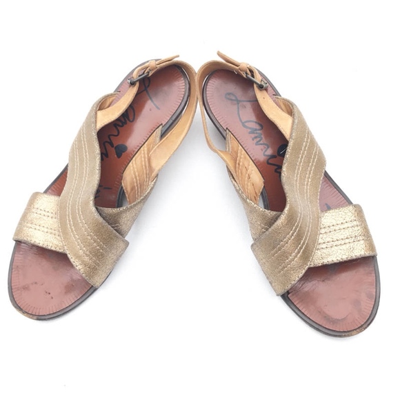 LANVIN gold wide strap Sandals 38 8 low heel - Picture 1 of 8